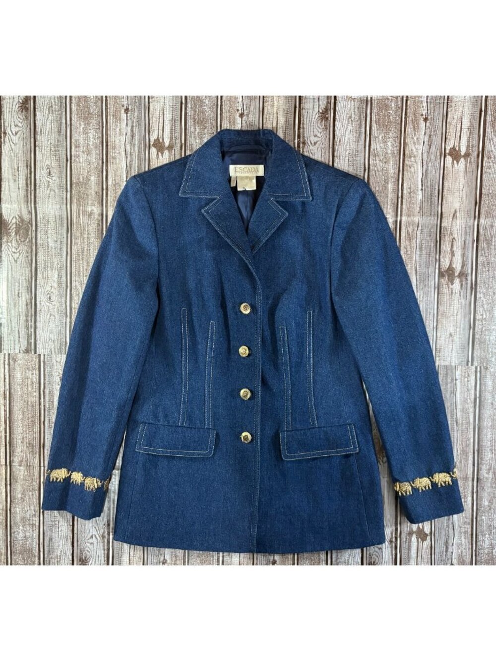 Escada gold embroidered elephants denim chore Jacket sz 38 Italy vintage 90s New